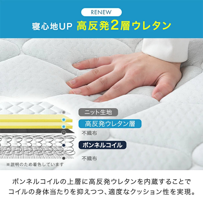 ［シングル］RENEW コイル数UP ボンネルコイルマットレス 三つ折り 高密度 通気性 ウレタン 圧縮 硬め 高反発 折りたたみ〔05190001〕