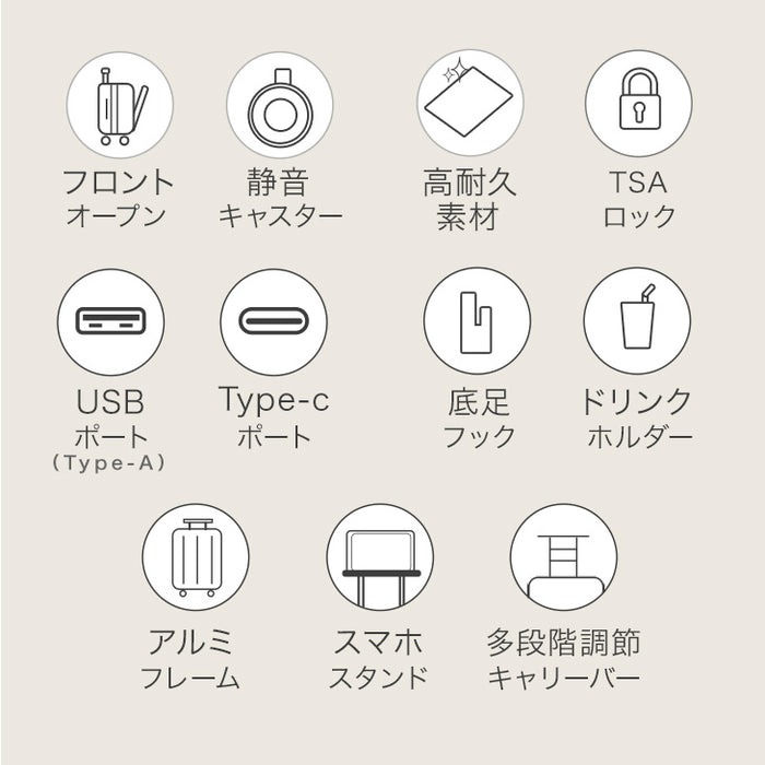 ≪フロントオープン≫ 頑丈 多機能キャリーケース アルミフレーム Mサイズ 62L USB type-c カップホルダー おしゃれ 可愛い キャスター スーツケース〔84200005〕