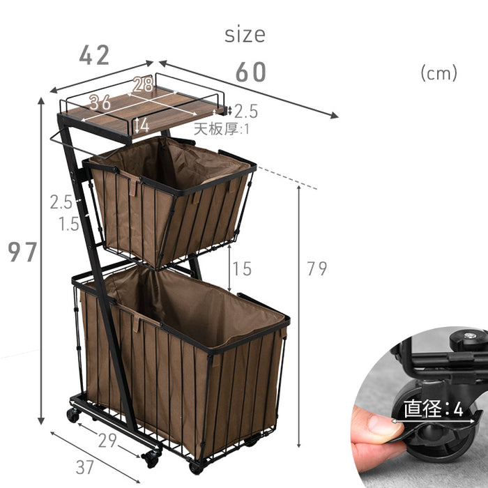 2段 大容量 ランドリーバスケット 袋 キャスター付き 防水 ランドリー収納 ワイヤーバスケット スリム 省スペース 洗面所〔84310026〕