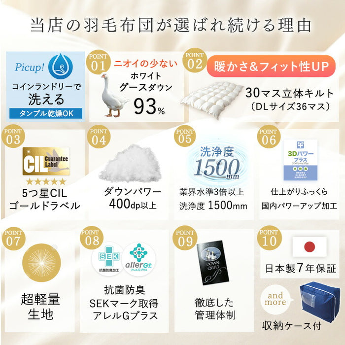 [シングル] 羽毛布団 増量1.2kg 日本製 ホワイトグースダウン93％ 洗える CILゴールドラベル 30マス立体キルト 400dp以上 かさ高165mm以上 ウォッシャブル〔39100156〕