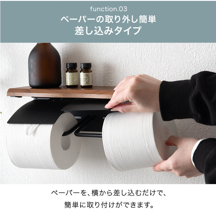 片手で切れる トイレットペーパーホルダー 1連 木目調 おしゃれ 静音 トイレ用品 棚付き 木製〔72600051〕